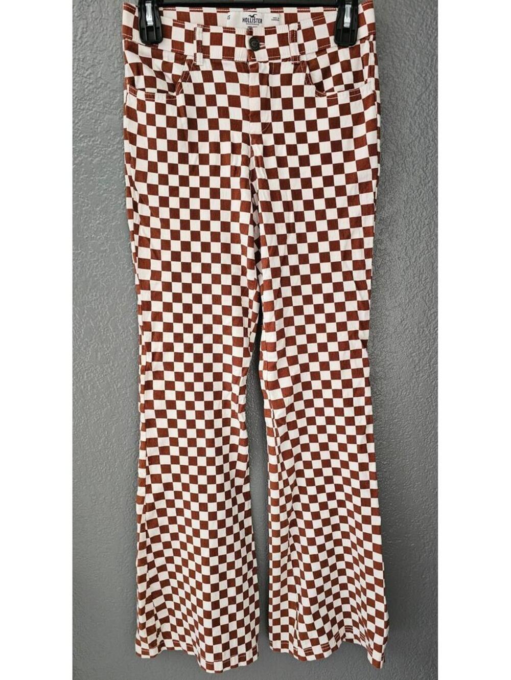 Women's Hollister Check Bell Bottoms Pants Size X Small Stretchy Brown & White